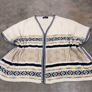 Fab'rik oversized open front sweater cardigan Geometric Cream Blue Boho Womens M